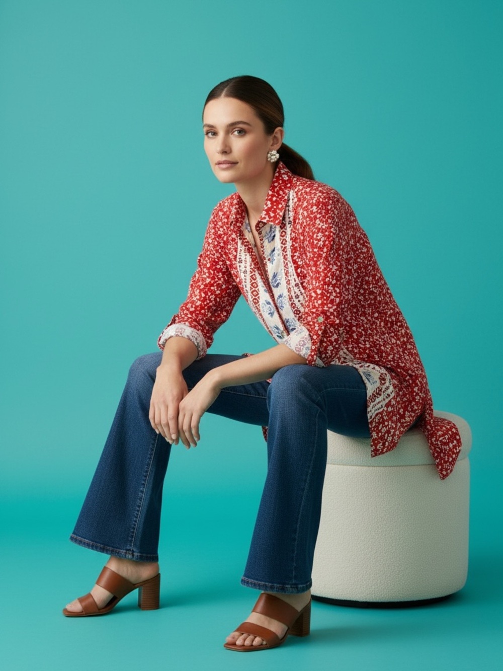 California Moonrise Red White Floral Long Line Tunic Top Size S
